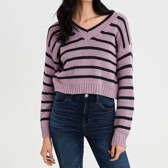 American Eagle Striped V-Neck Pullover Sweater - Picture 1 of 4